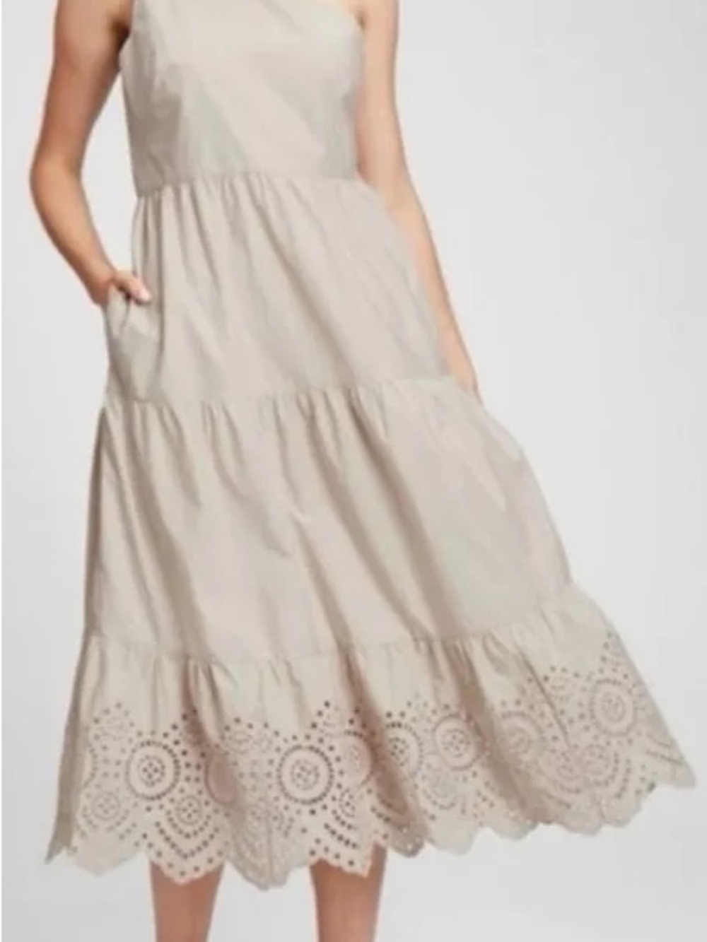 GAP One-Shoulder Cream Eyelet Tiered Midi Dress